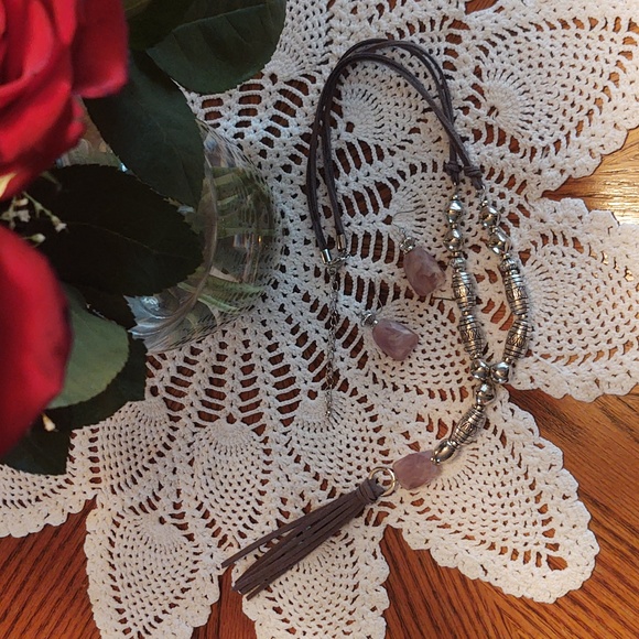 Christopher & Banks Lavender Stone, Etched Silver Bead Necklace, Earrings Set - Picture 9 of 9